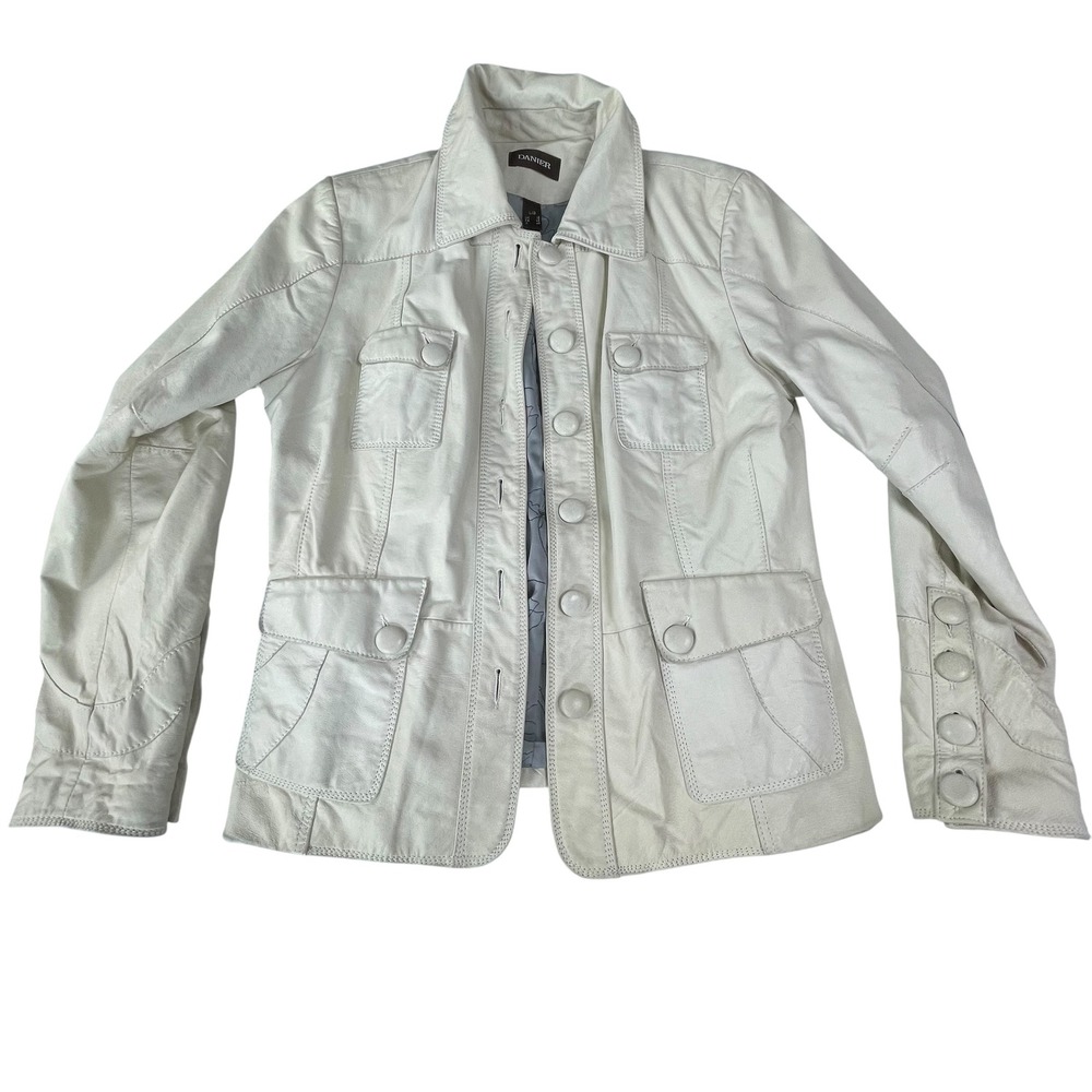 Danier Womens Cream Leather Utility Jacket Button Front Floral Lining Large